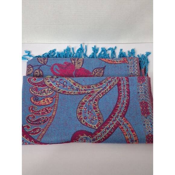 Pashmina Scarf Wrap Shawl Long Paisley Print Pink Blue Fringe Winter Casual - Picture 6 of 6